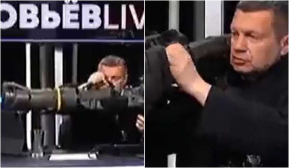 Propagandistul rus Vladimir Soloviov a adus în platou un lansator Nlaw, capturat din Mariupol: Vedeți jucăria asta?